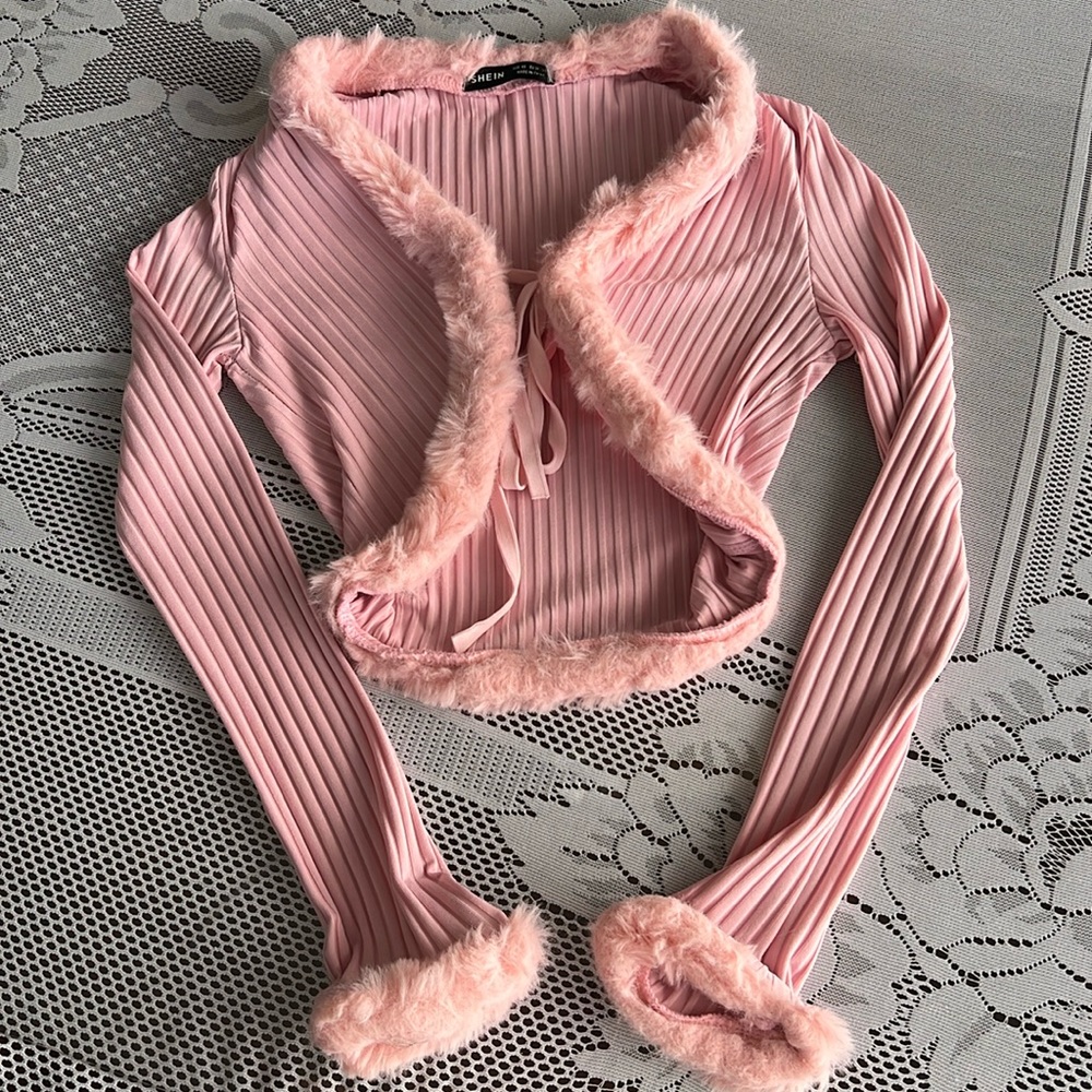 Pink Fuzzy Trim Crop Jacket - Picture 4 of 6